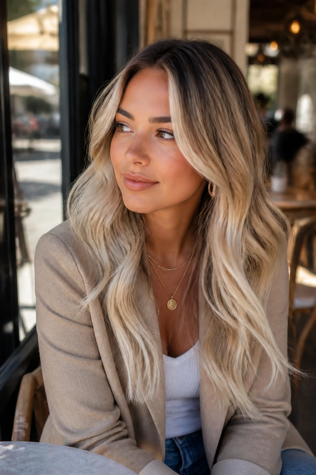 Portrait of a real woman with platinum blonde ombre in everyday setting