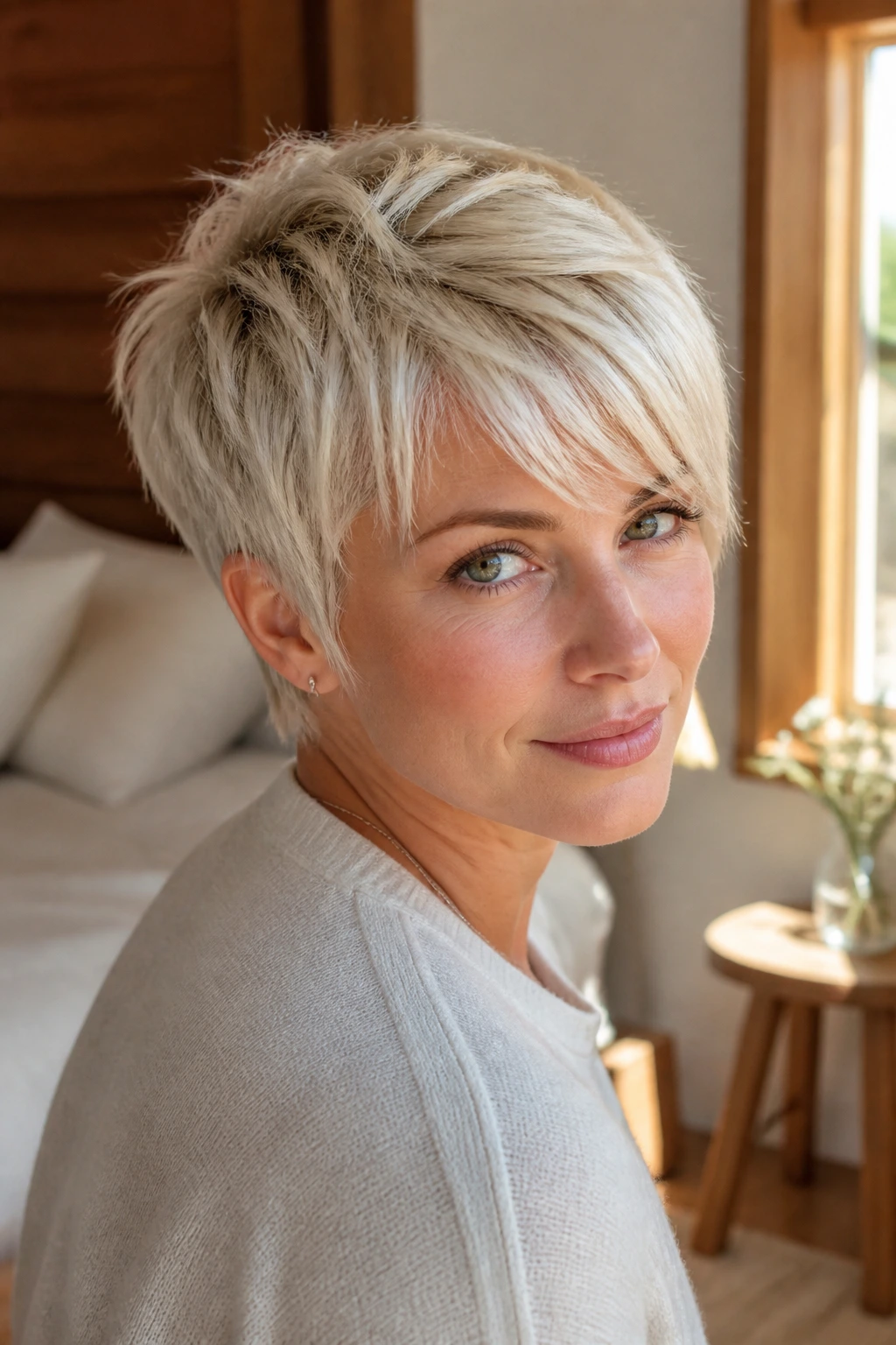 Close-up portrait of a woman with a feathered pixie crop in platinum blonde