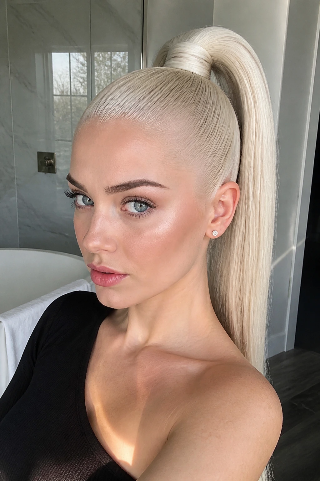 Close-up of a woman with a sleek high ponytail in platinum blonde