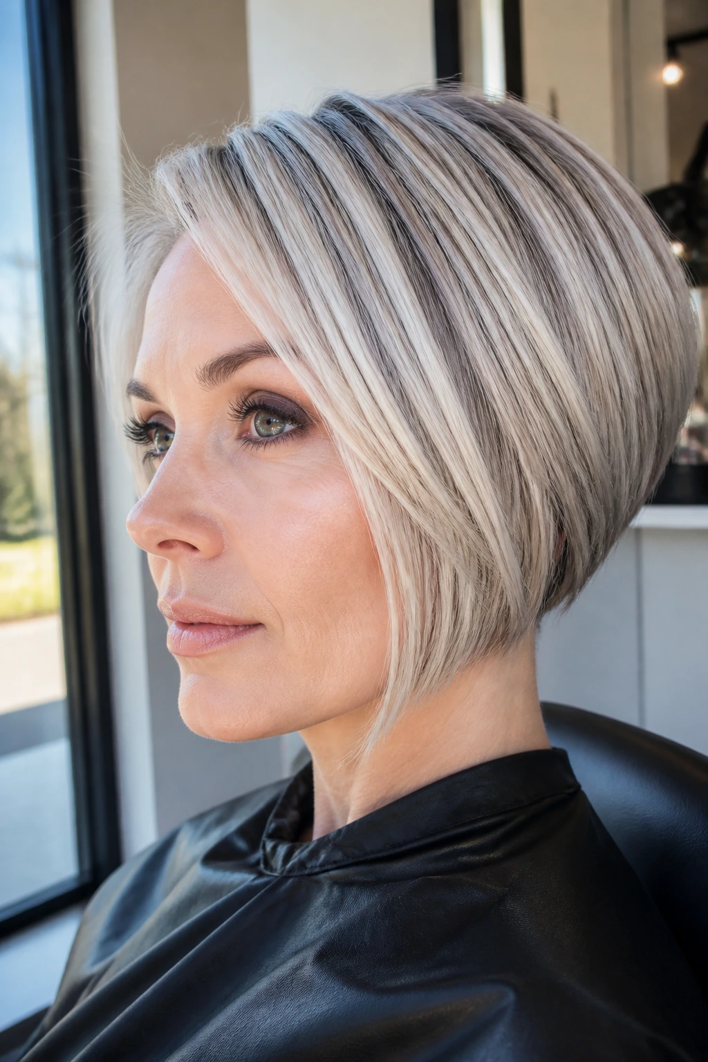 Close-up portrait of a real woman with a sharp short bob featuring platinum blonde hair with ice and charcoal ribbons