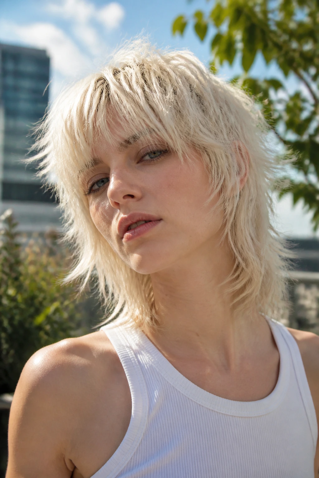 Close-up of a woman with a tousled shag and broken ends in platinum blonde
