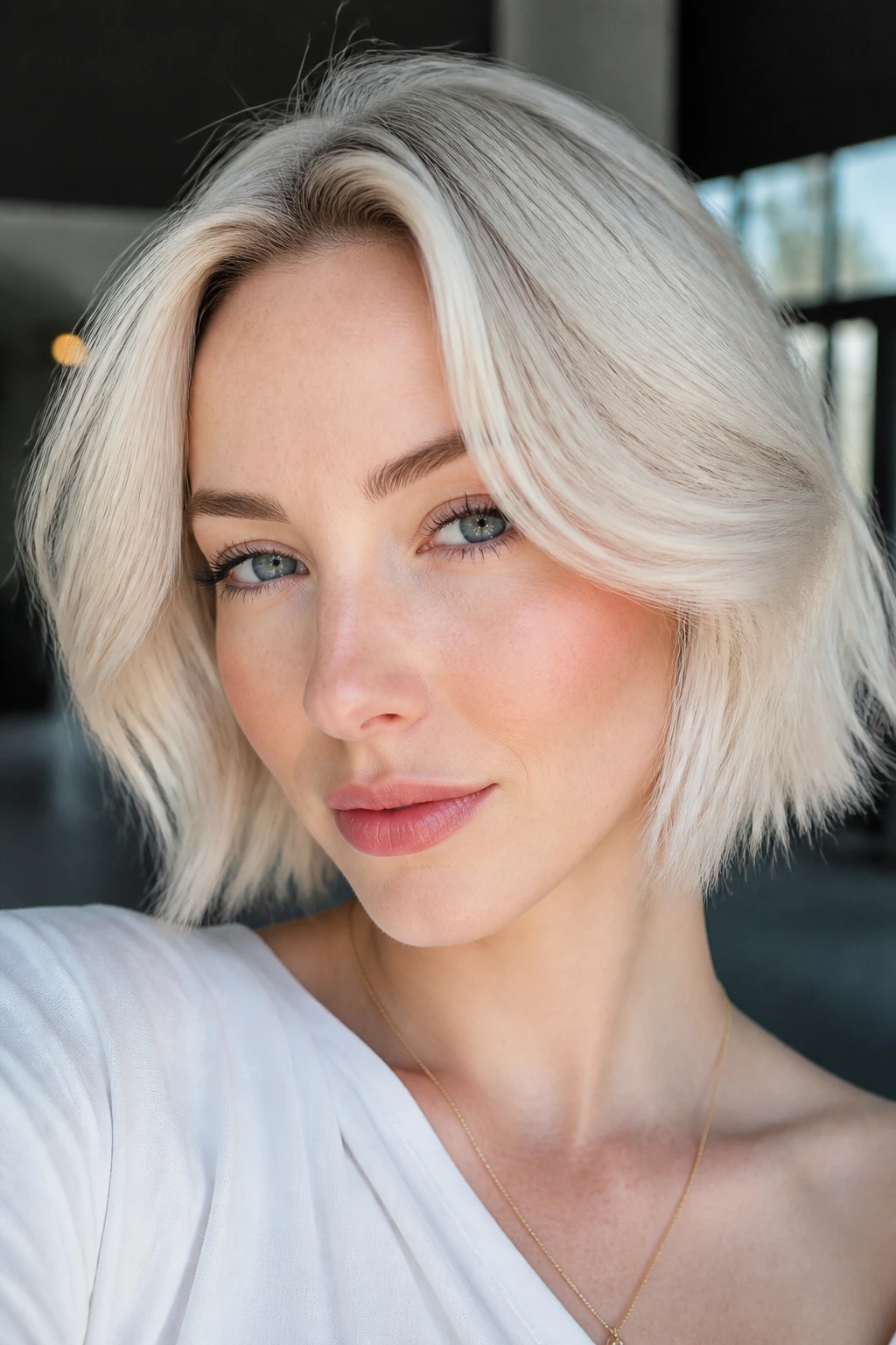 Close-up of platinum blonde hair with soft root shadow framing a fair-skinned face