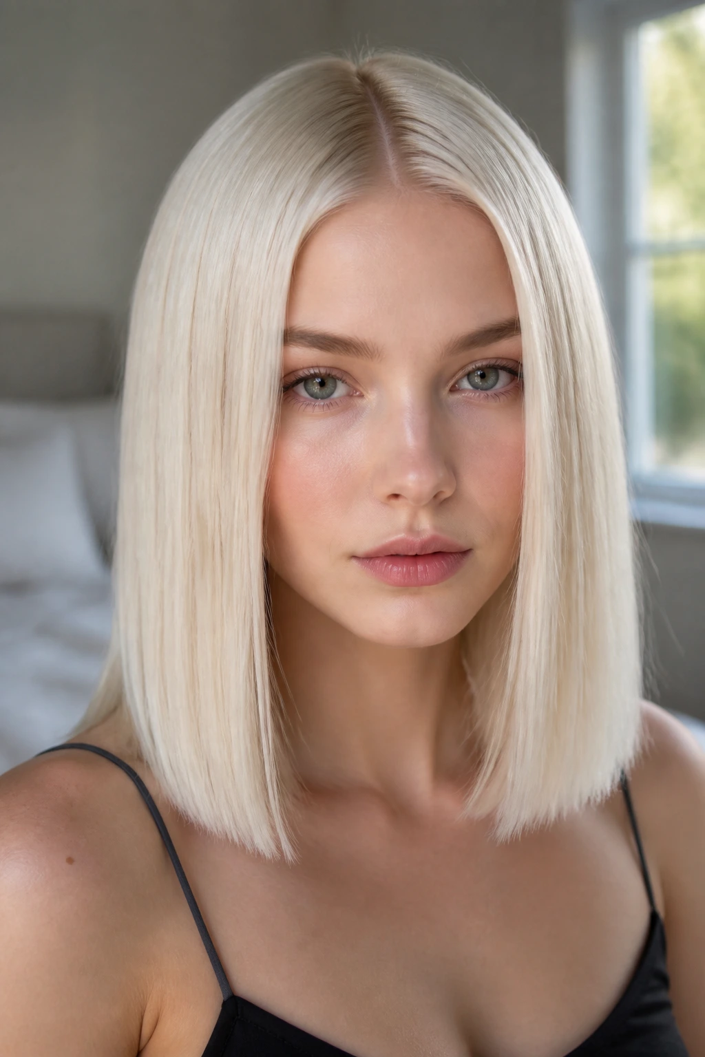 Close-up portrait of a real woman with Scandinavian Bright Blonde With Clean Lengths hair in crisp platinum.