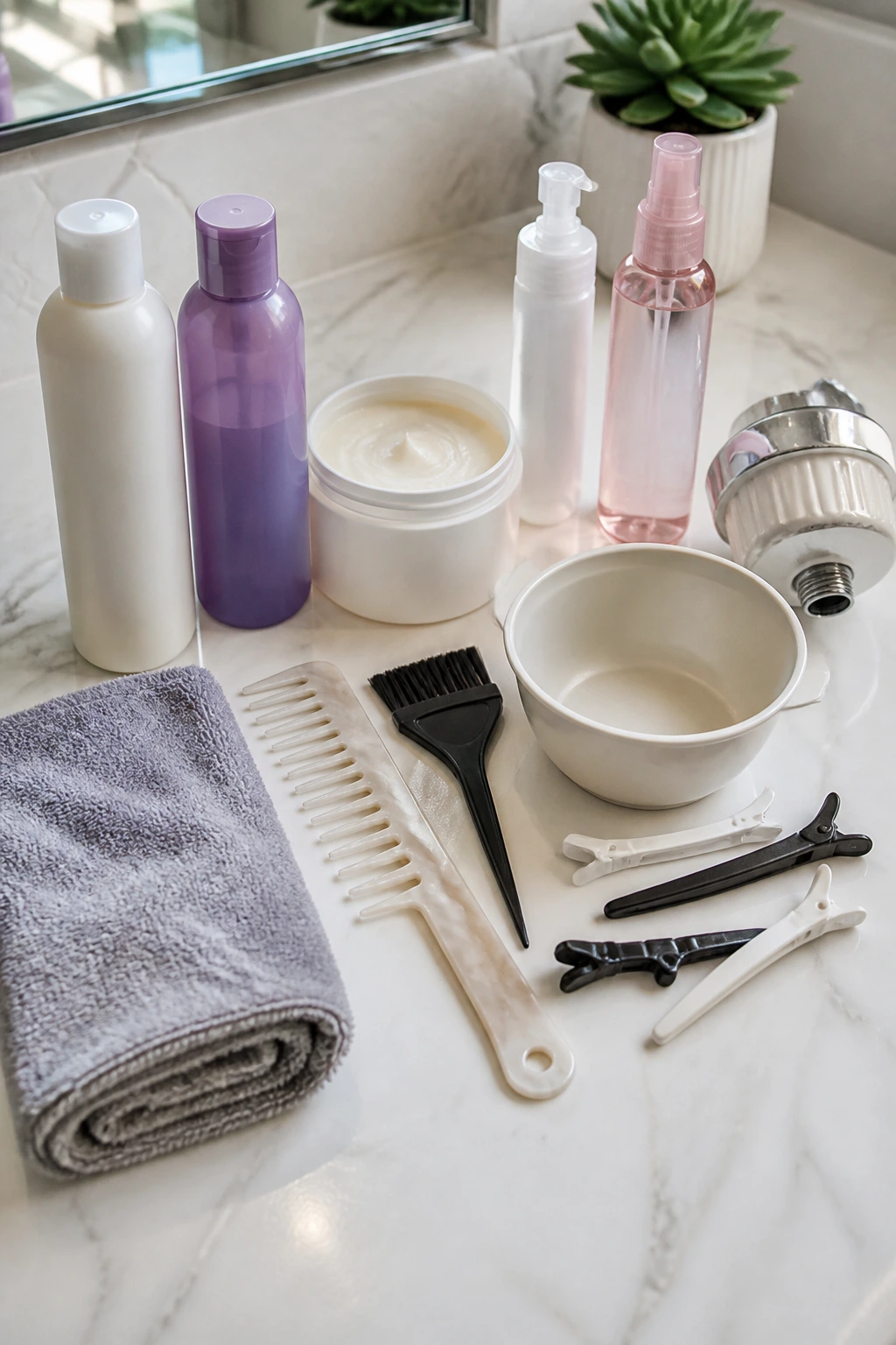 Close-up of unbranded hair care tools for warm platinum blonde