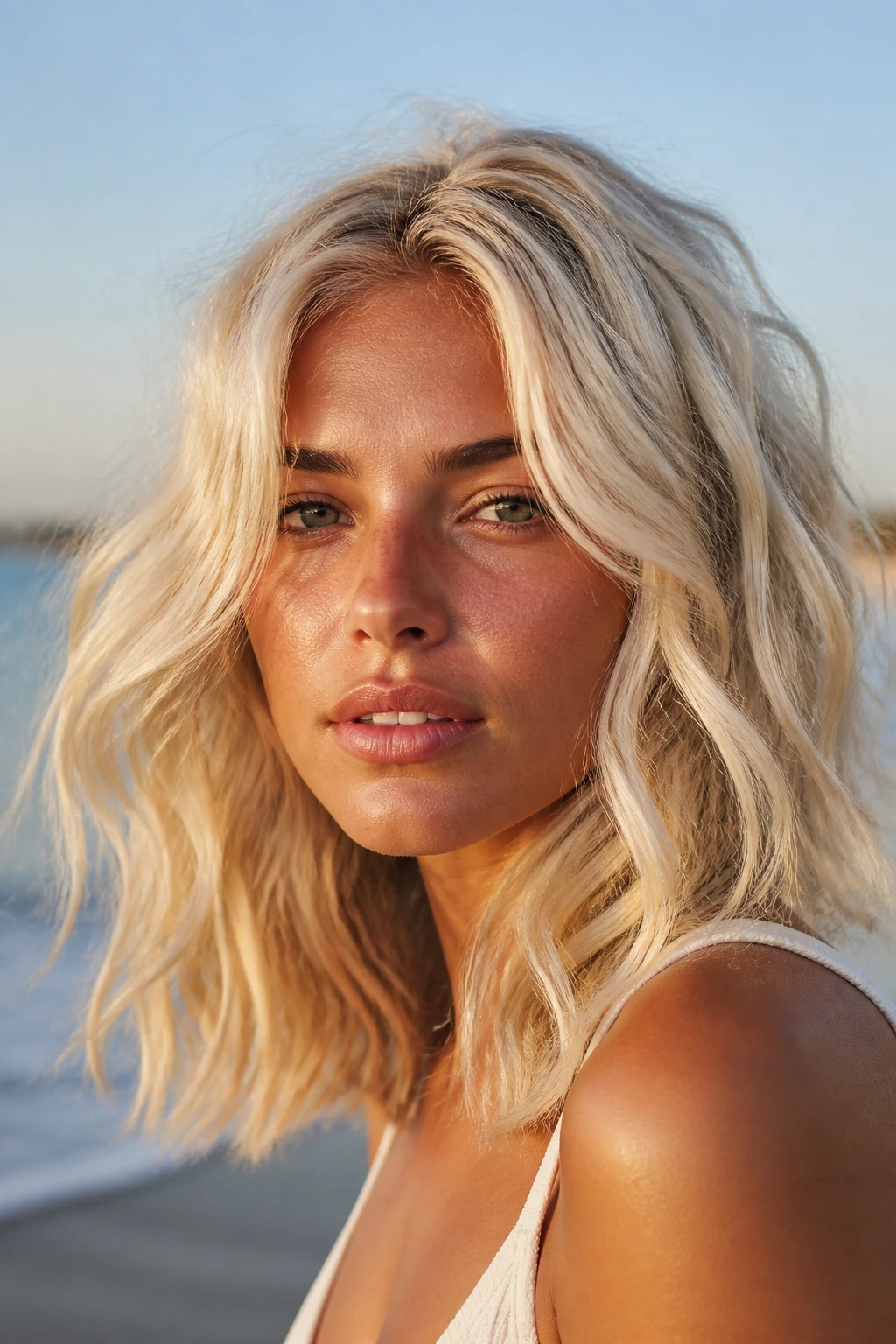 Close-up portrait of a person with platinum beachy mid-length waves outdoors