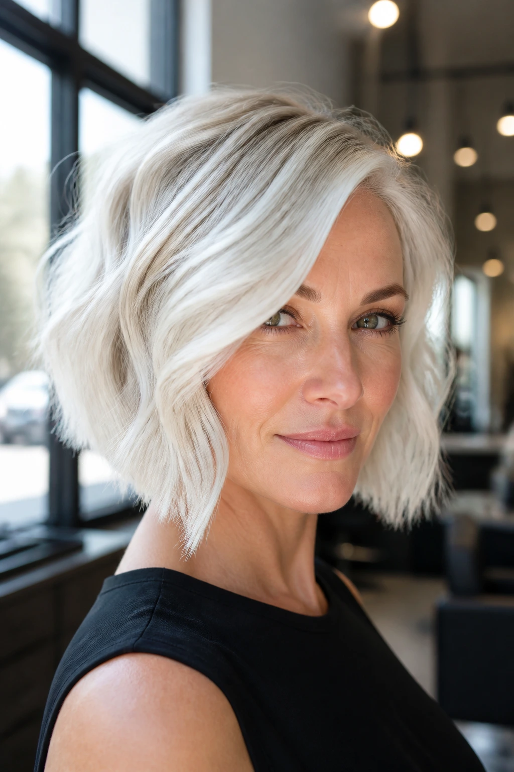 Close-up portrait of a real woman with platinum asymmetrical bob and soft bend, natural window light.