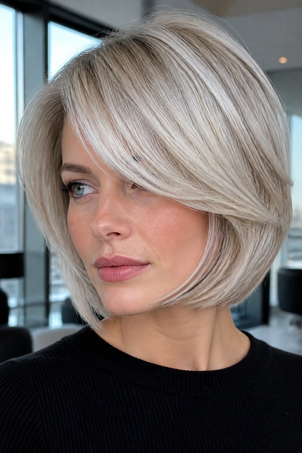 Close-up of a real woman with a feathered platinum bob and beige panels