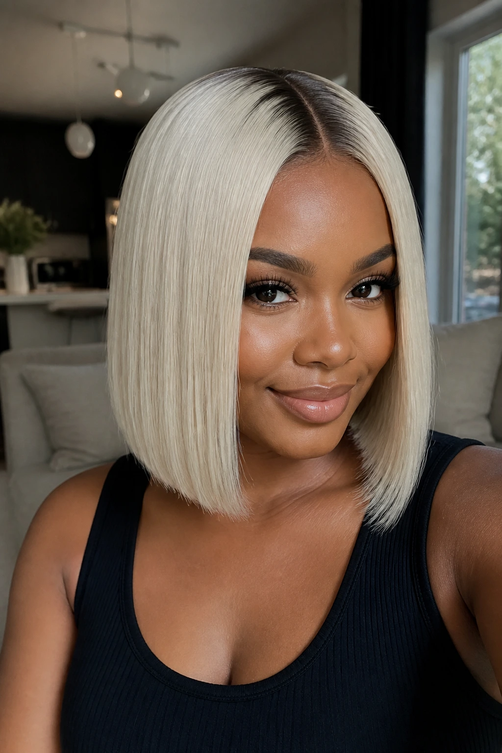 Real woman wearing platinum center-part bob with dark root.