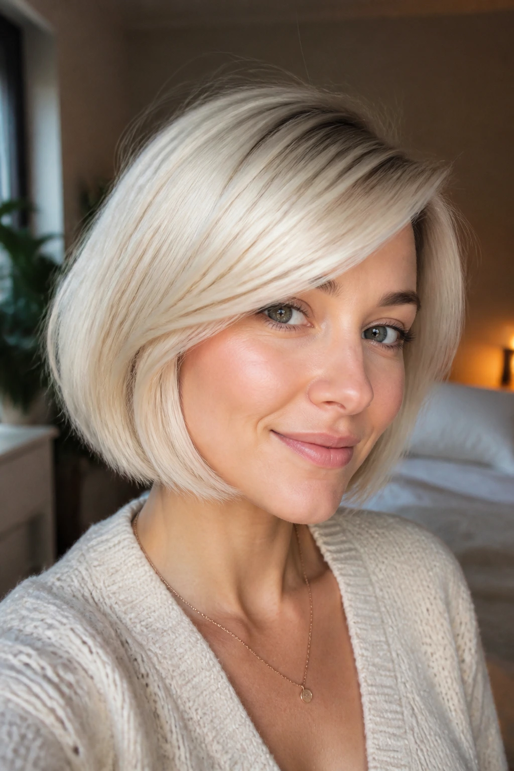 Close-up of a real person with a platinum bob and soft side-swept bangs showing dense perimeter