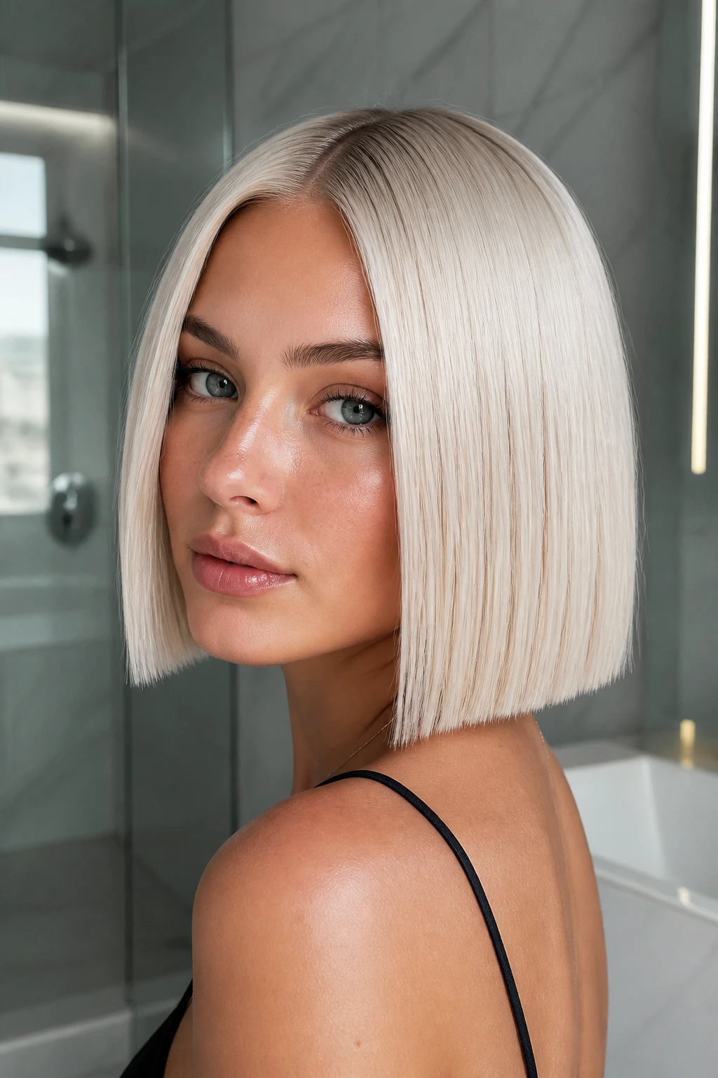 Close-up of a woman with a blunt platinum bob and glassy finish