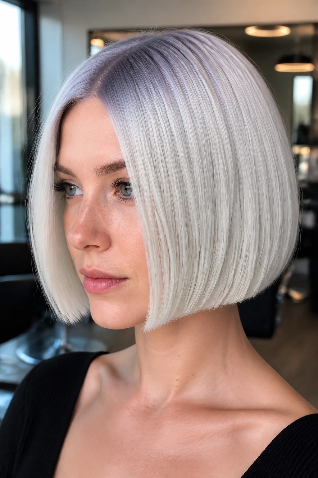 Portrait of a person with a blunt Arctic platinum bob in icy tones.