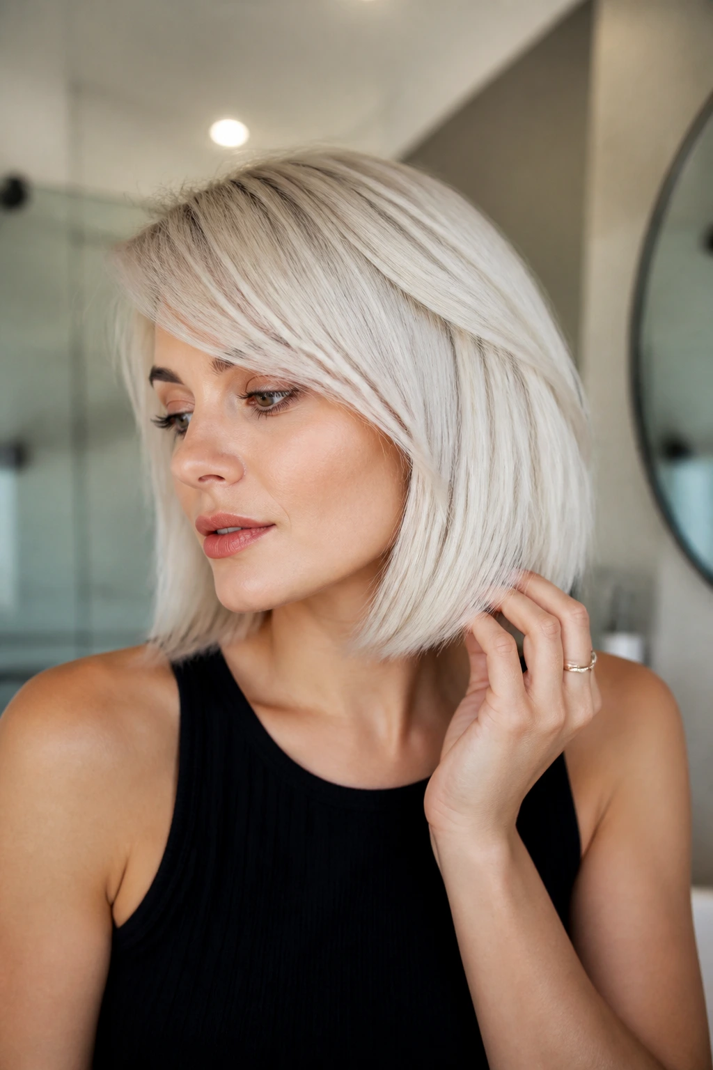 Portrait of a woman with a platinum bob in a bathroom, touching the ends to show conditioning.