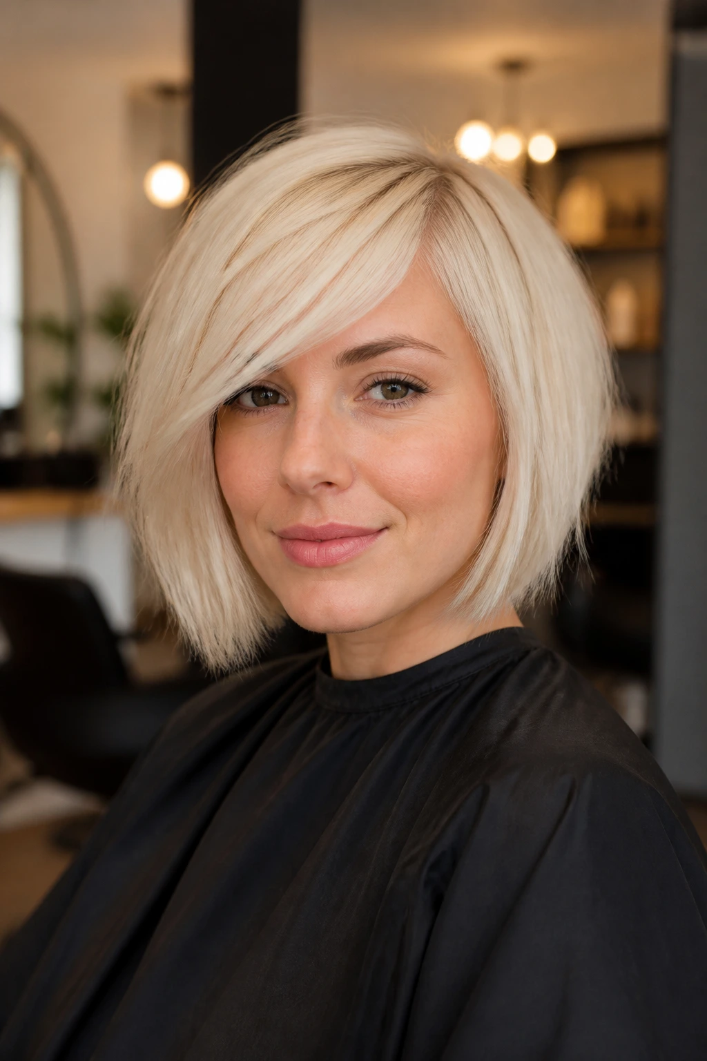 Real woman in salon chair with platinum blonde bob and side-swept bangs