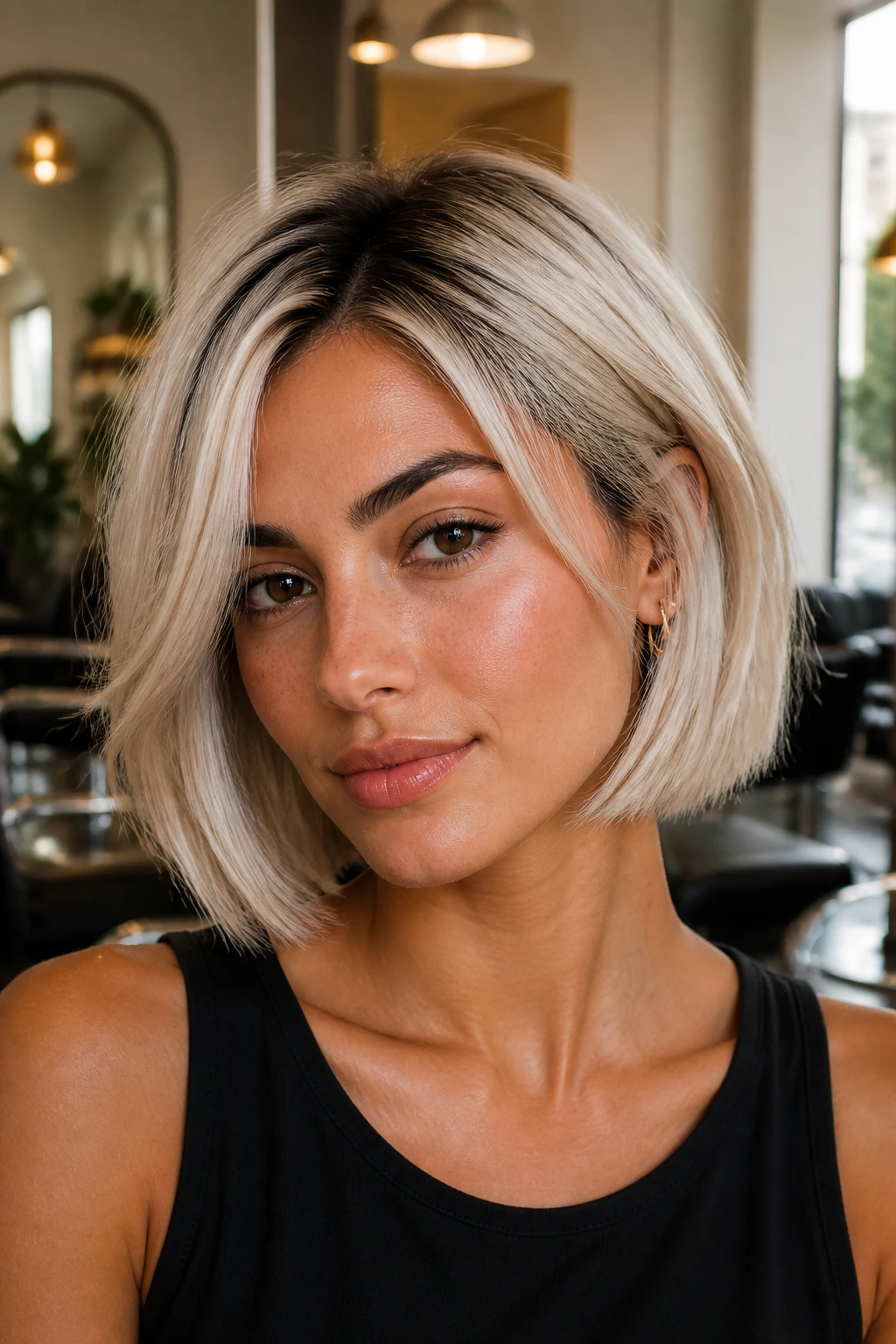 Close-up of a real woman with creamy platinum bob and shadow root on olive skin in warm salon lighting.