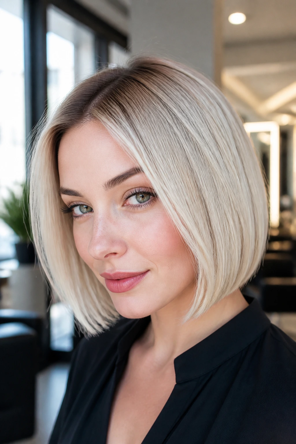Close-up of a real woman with platinum bob and a soft shadow root in natural salon light
