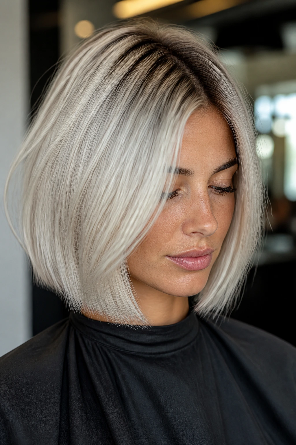 Portrait of a woman with platinum bob and shadowed roots on dark brown hair