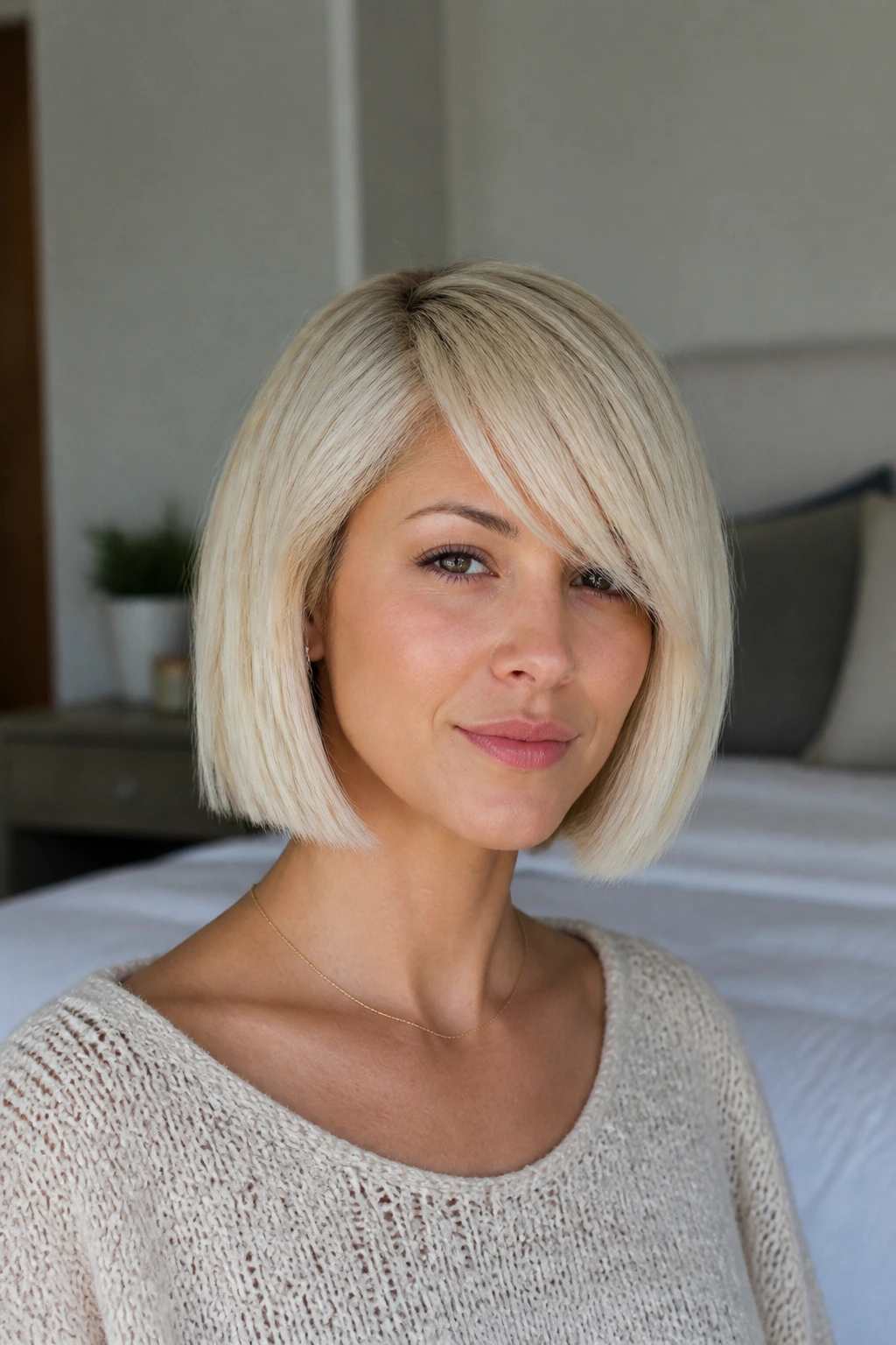 Portrait of a woman with a crisp platinum bob and defined line.