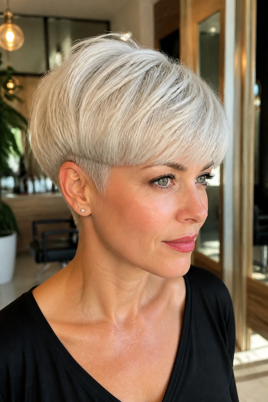 Head-and-shoulders portrait of a real woman with modern bowl-inspired platinum pixie.
