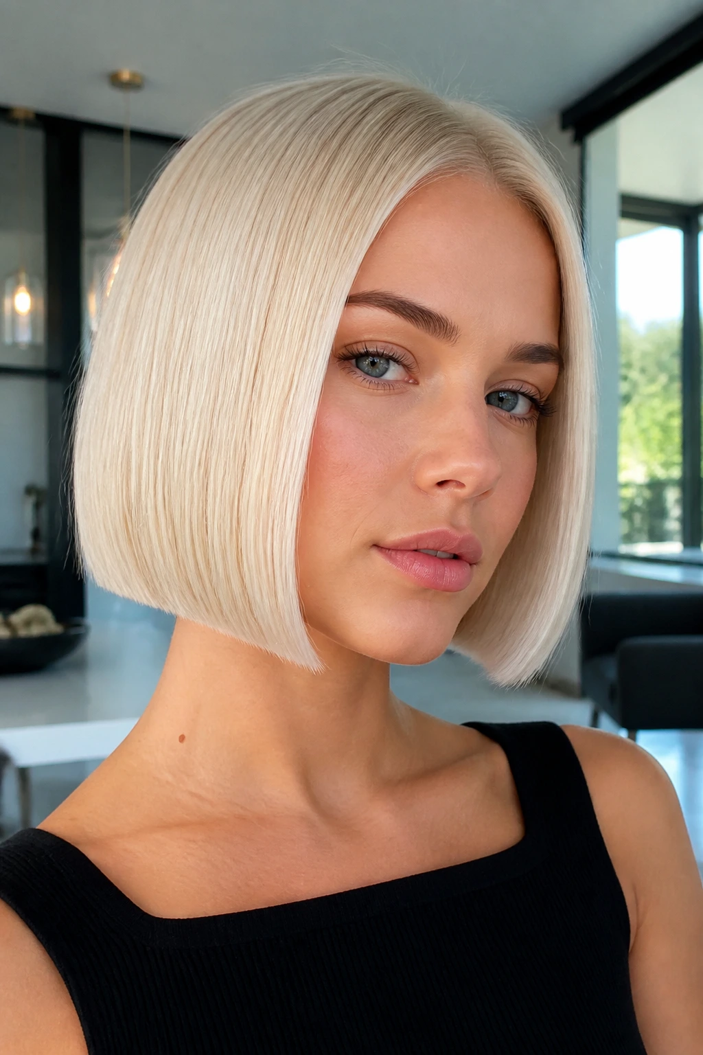 Close-up portrait of a real woman with platinum box bob; sharp blunt cut with soft bevel on a heart-shaped face.