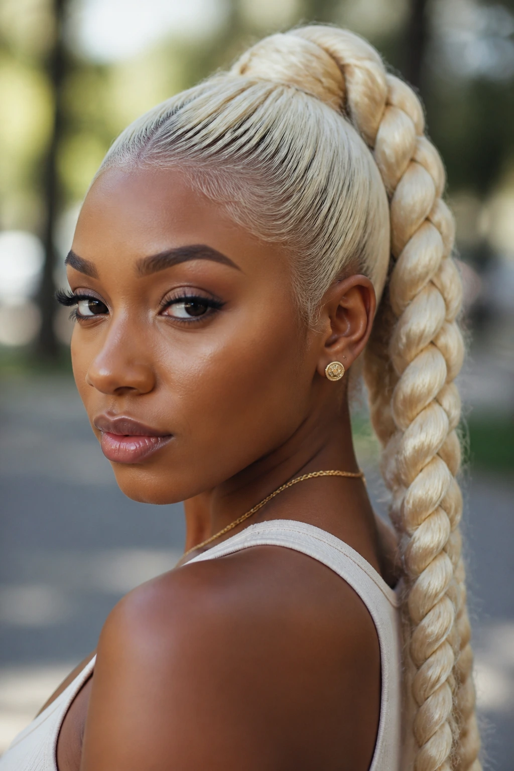 Close-up of platinum braided ponytail on a real woman with a blurred city background