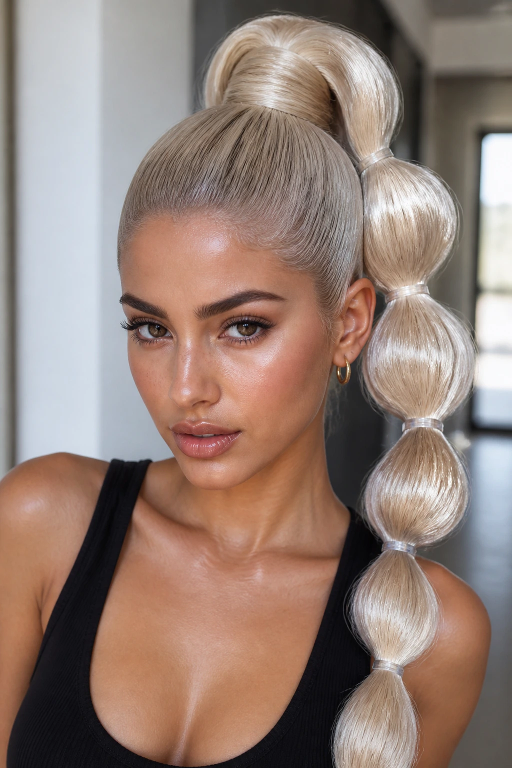 Bubble ponytail with mirror shine platinum on olive skin