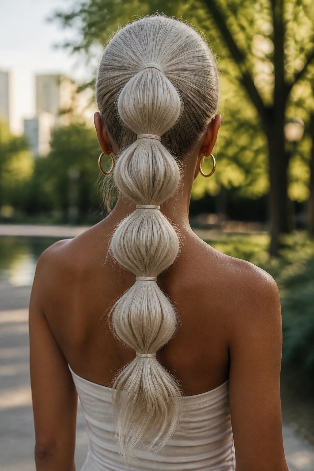Back view of icy platinum bubble ponytail on olive skin