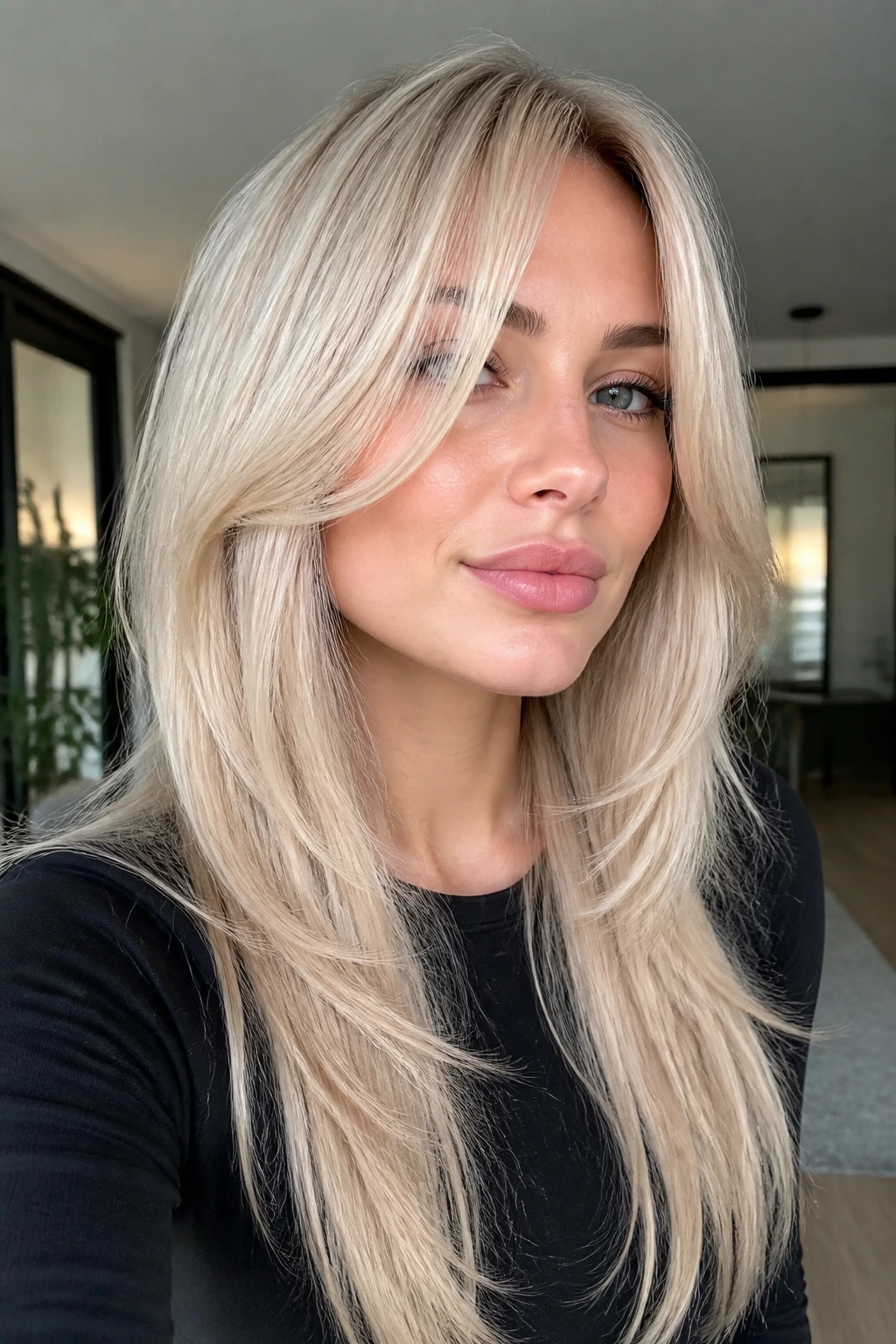 Close-up of real woman with platinum butterfly cut in natural window light