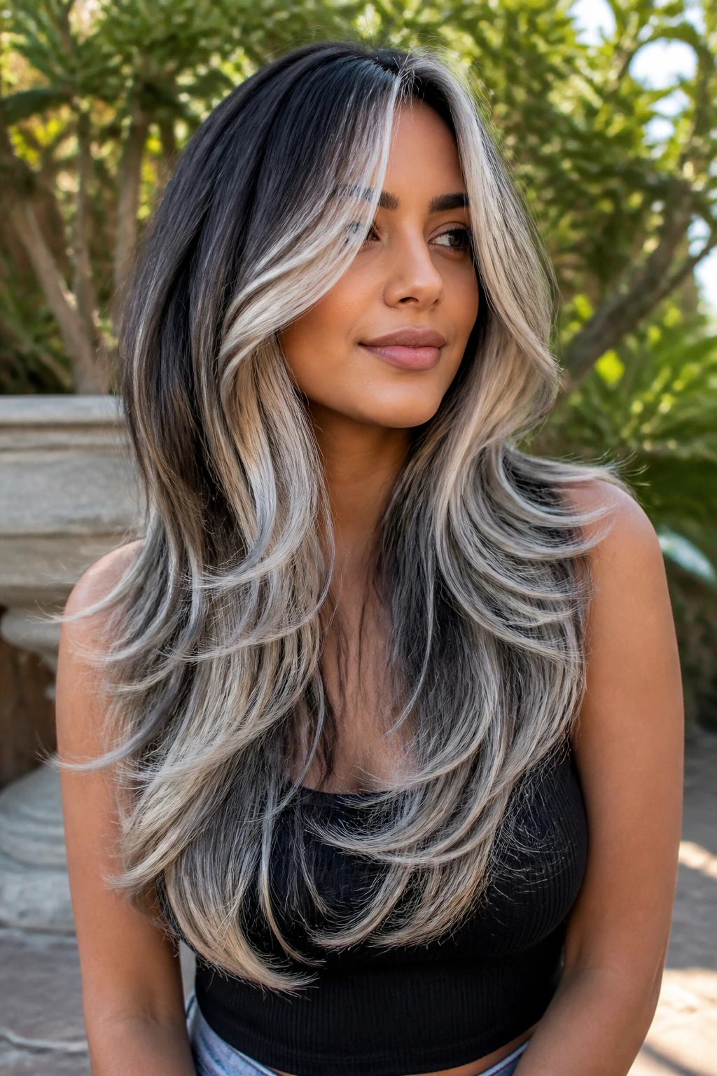 Long hair with platinum butterfly layers framing the face