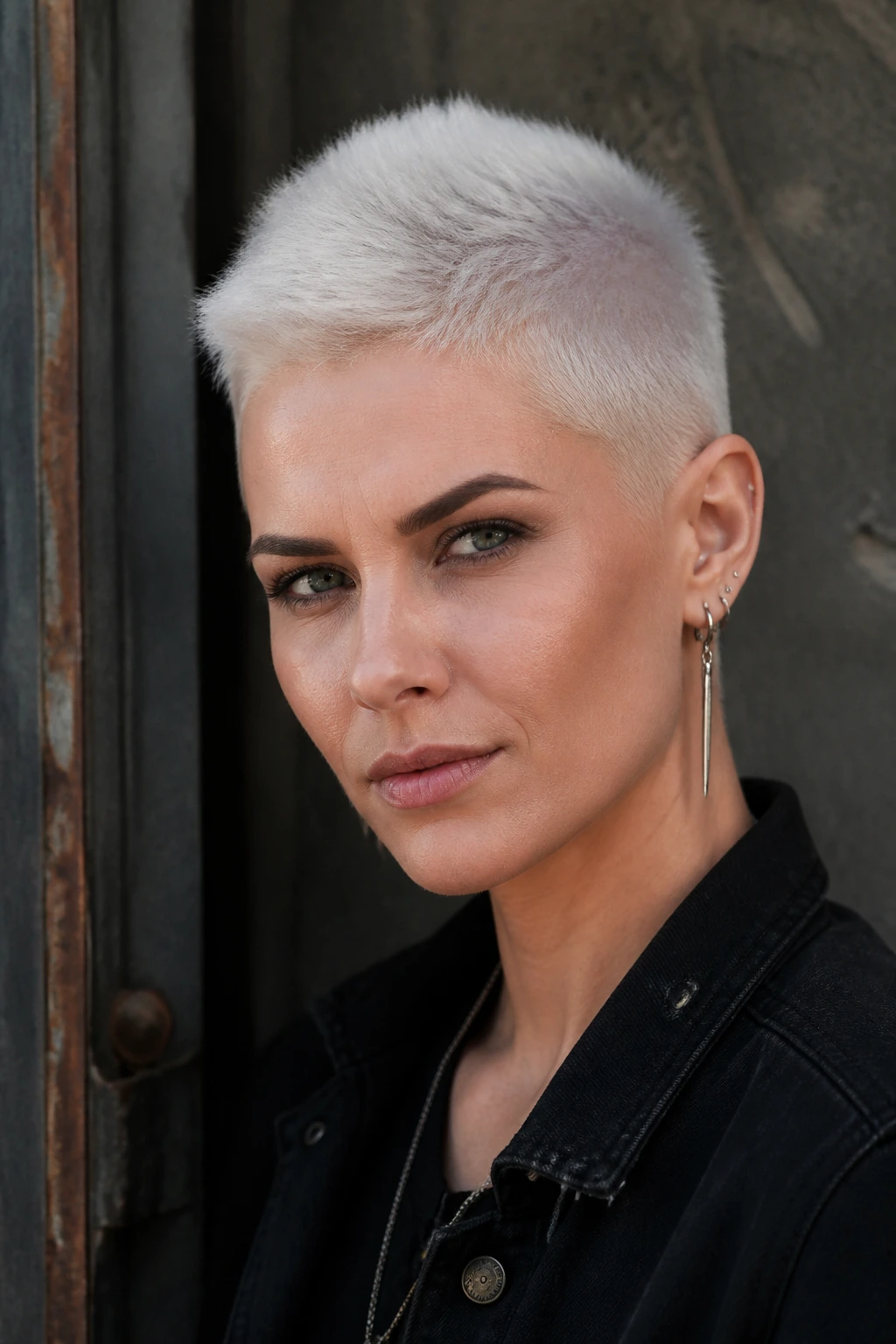 Real person with platinum textured buzz pixie showing top ridge and short sides