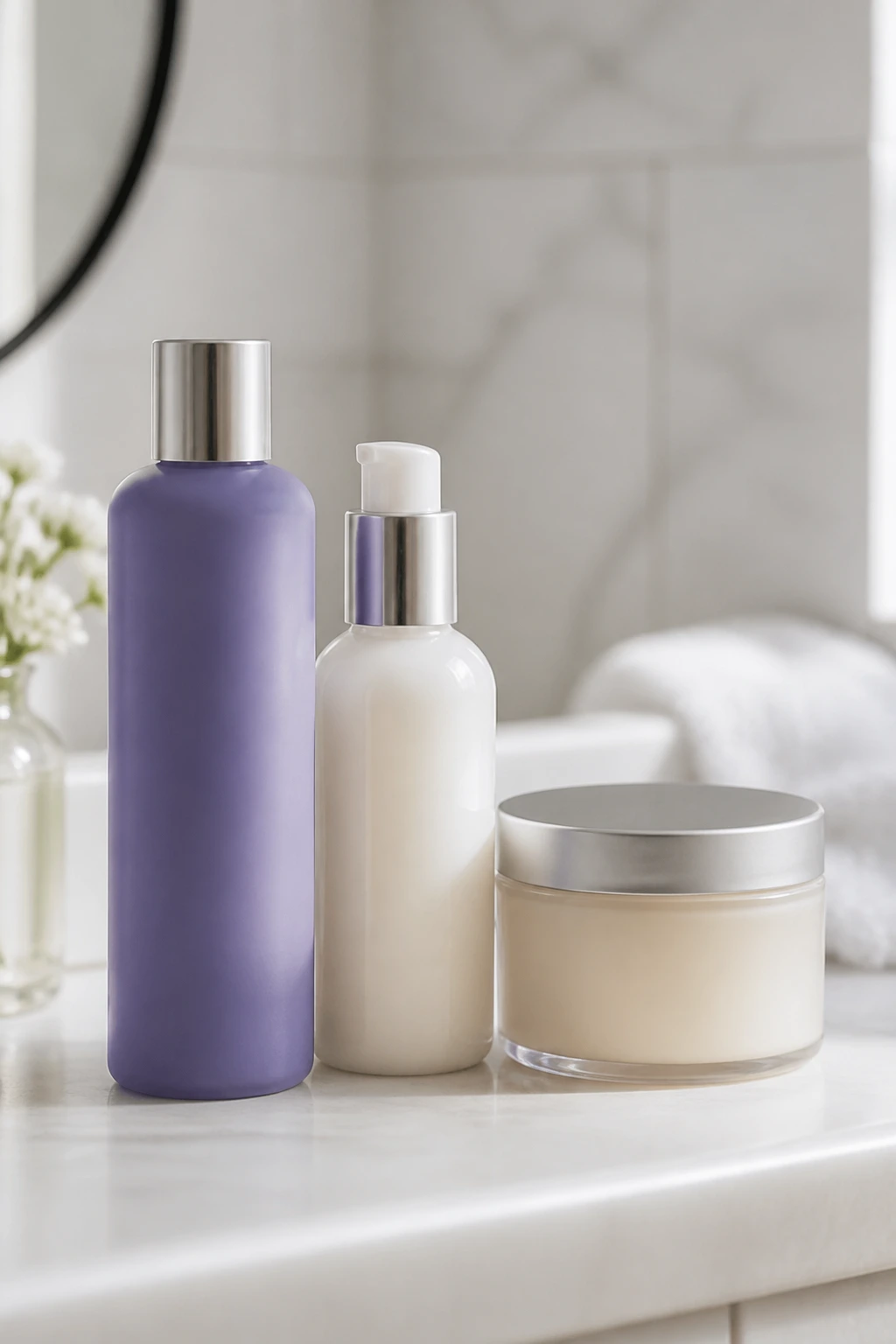 Still life of violet shampoo and other platinum-maintenance products on a bathroom counter