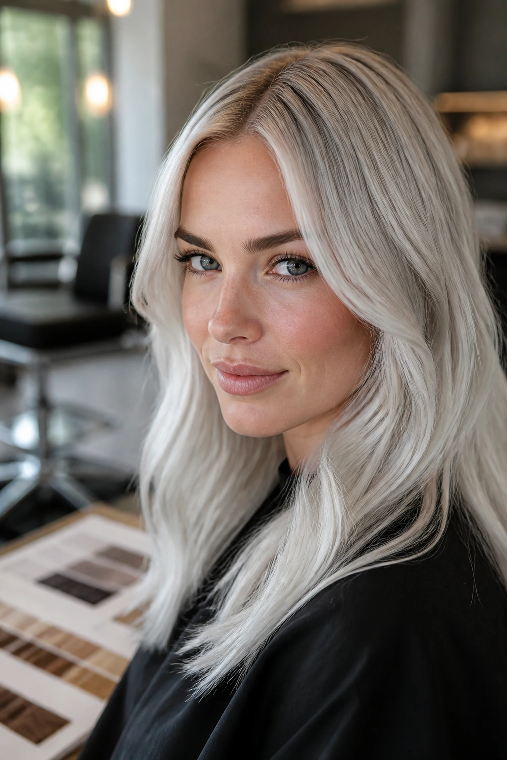 Portrait of a real person with platinum hair and subtle root depth in a salon setting