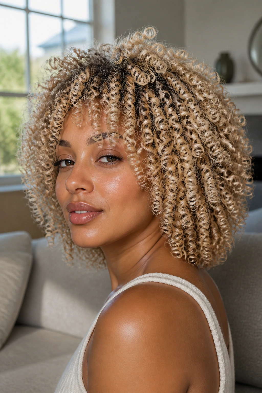 Close-up portrait of a real woman with platinum-glazed coils and warm glaze