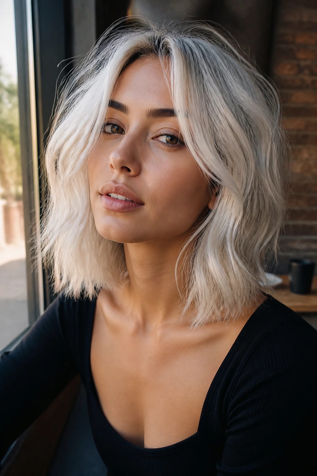 Close-up of icy platinum collarbone-length tousled cut on olive skin