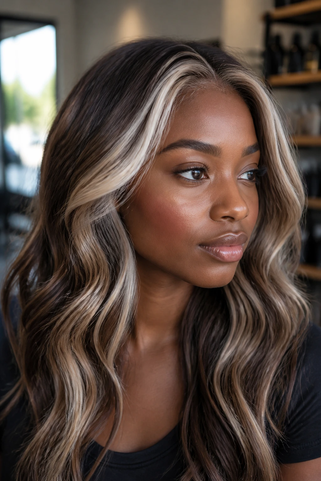 Close-up of a real person showing platinum contour highlights at temples and crown