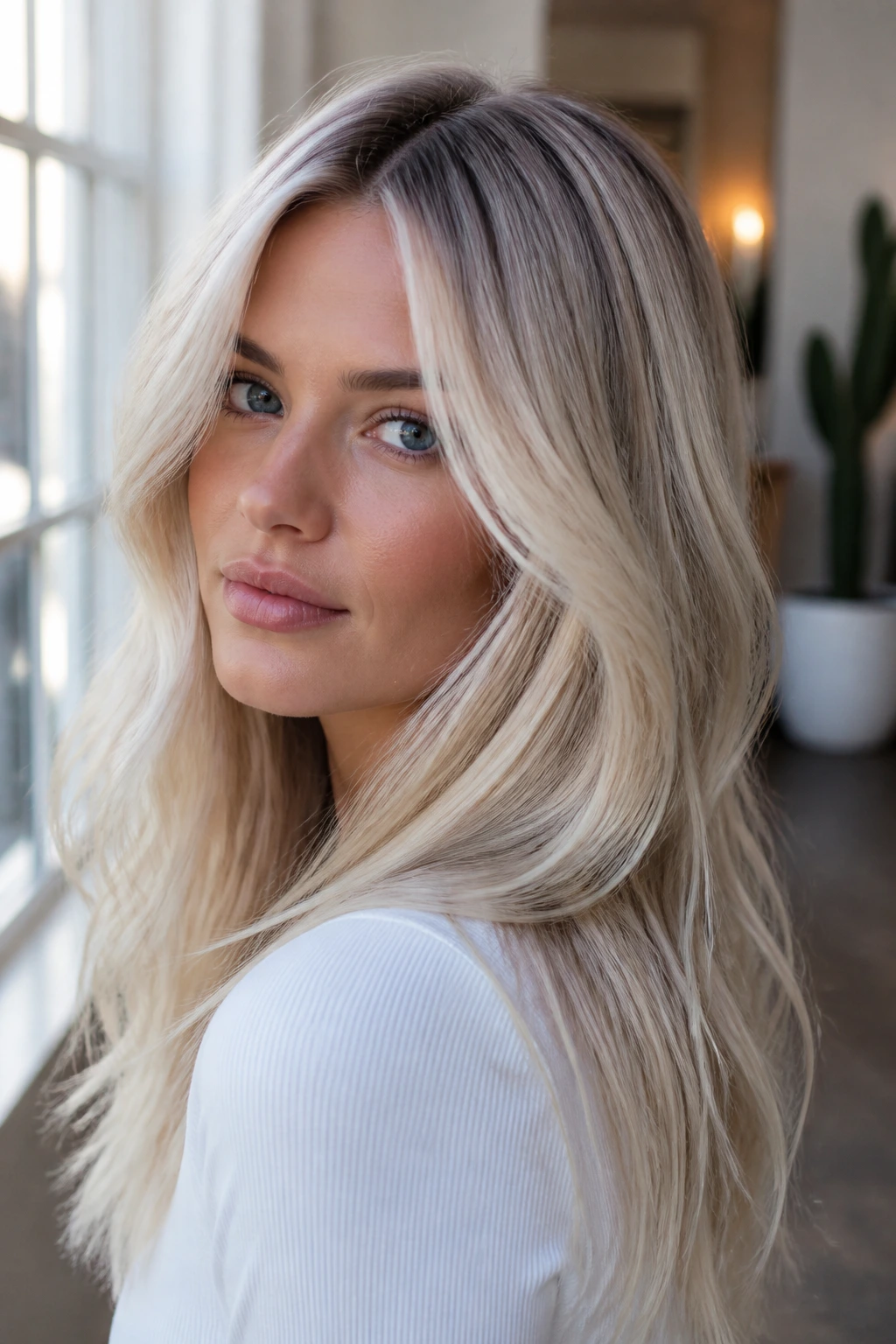 Close-up portrait of a person with platinum cool blonde hair in natural light
