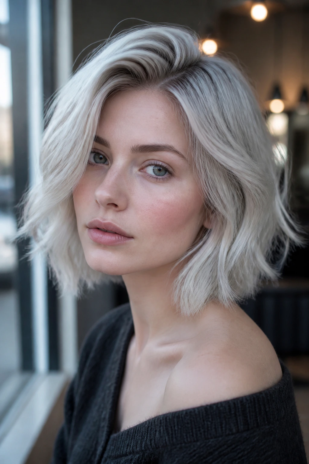 Close up of person with cool-toned platinum hair to illustrate how platinum shades suit cool skin tones