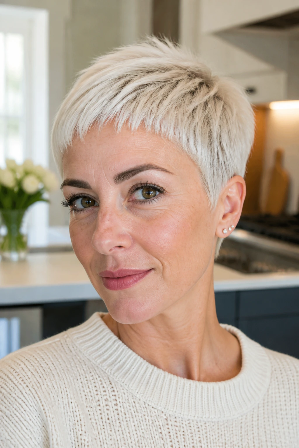 Platinum crop with cropped fringe on real woman, close-up portrait