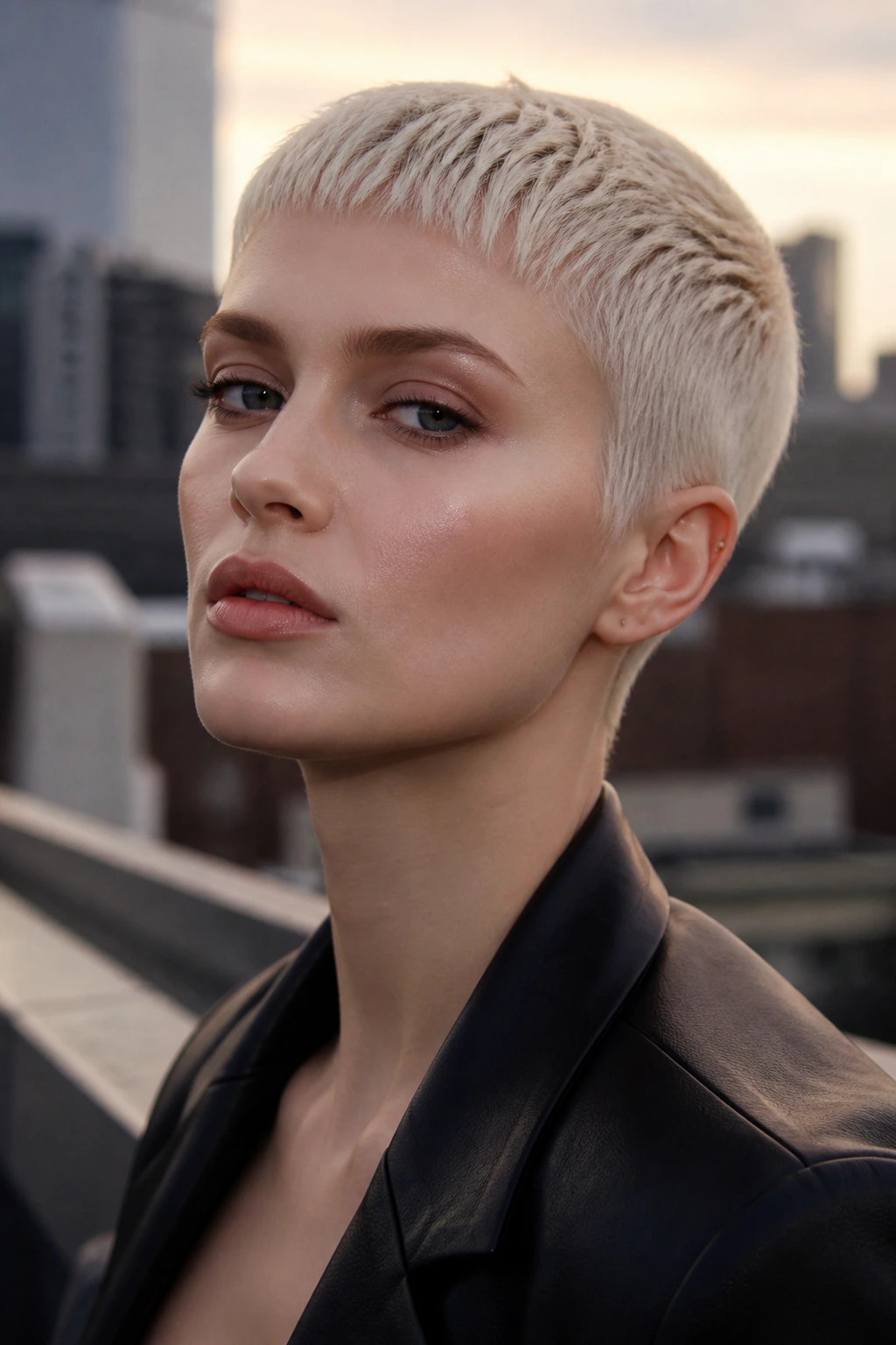 Portrait of a real person with platinum crop and micro fringe.