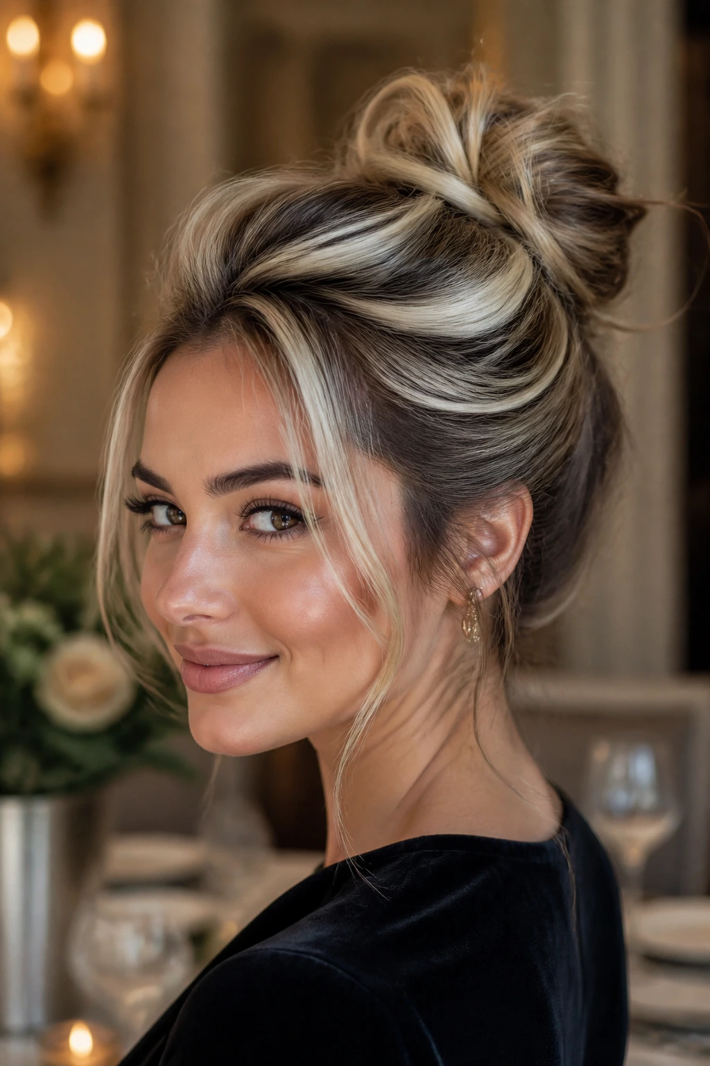 Updo with platinum crown highlights on a real woman