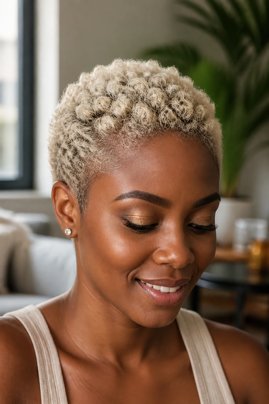 Close-up of a real woman with a TWA and soft platinum curls in warm window light