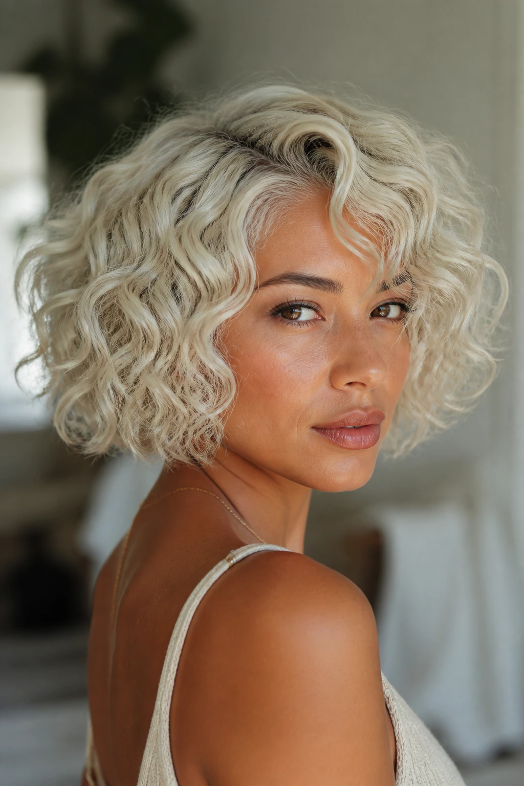 Close-up of person with curly platinum bob