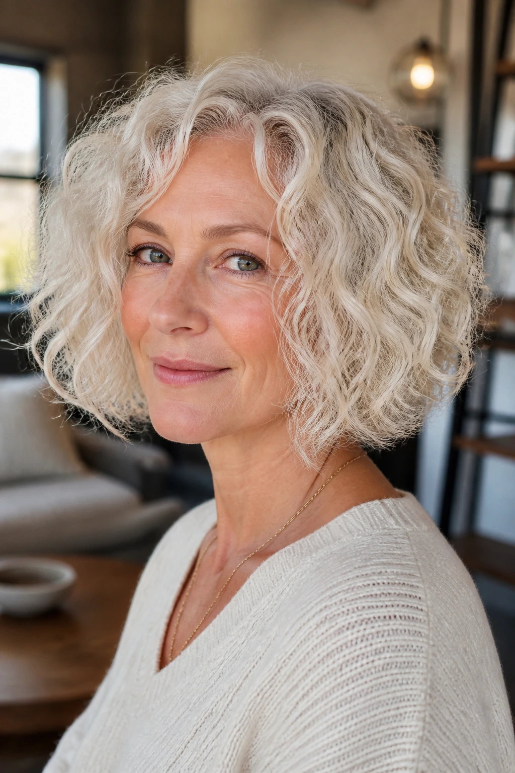 Real woman with platinum curly bob and internal layers in bright light