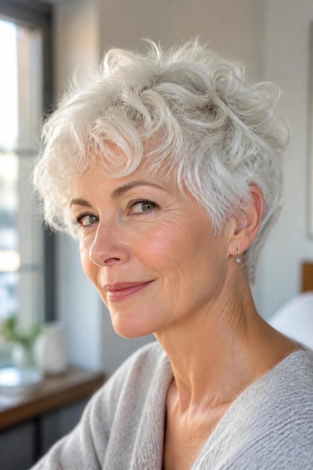 Close-up portrait of a real woman with platinum curly pixie and piecey ends.