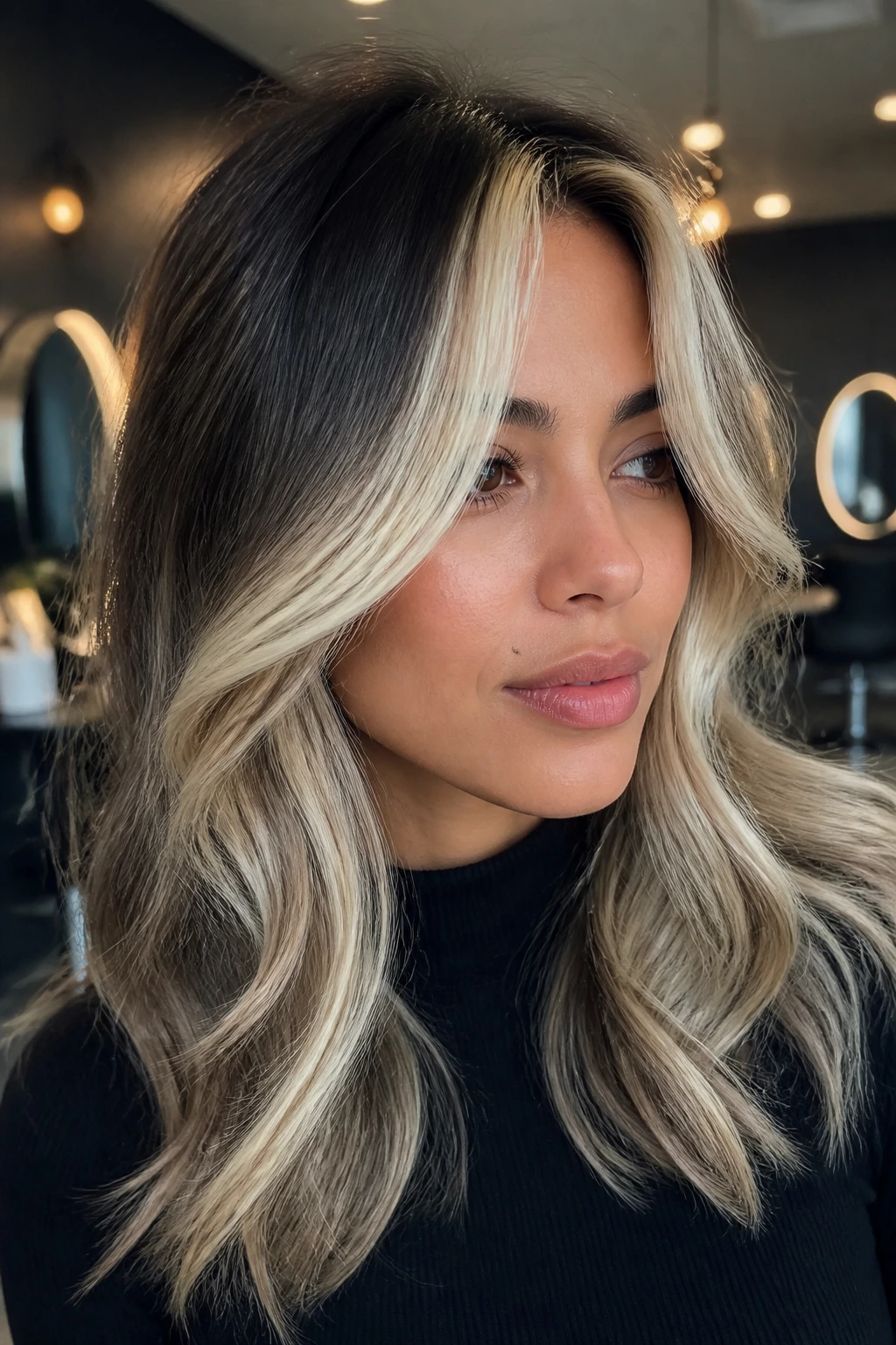 Close-up of a person with platinum curtain bangs framing the face.
