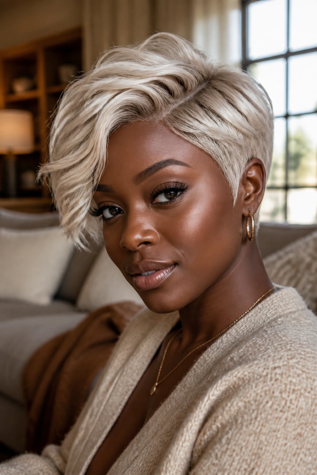 Deep skin model with high-contrast platinum hair in a close-up