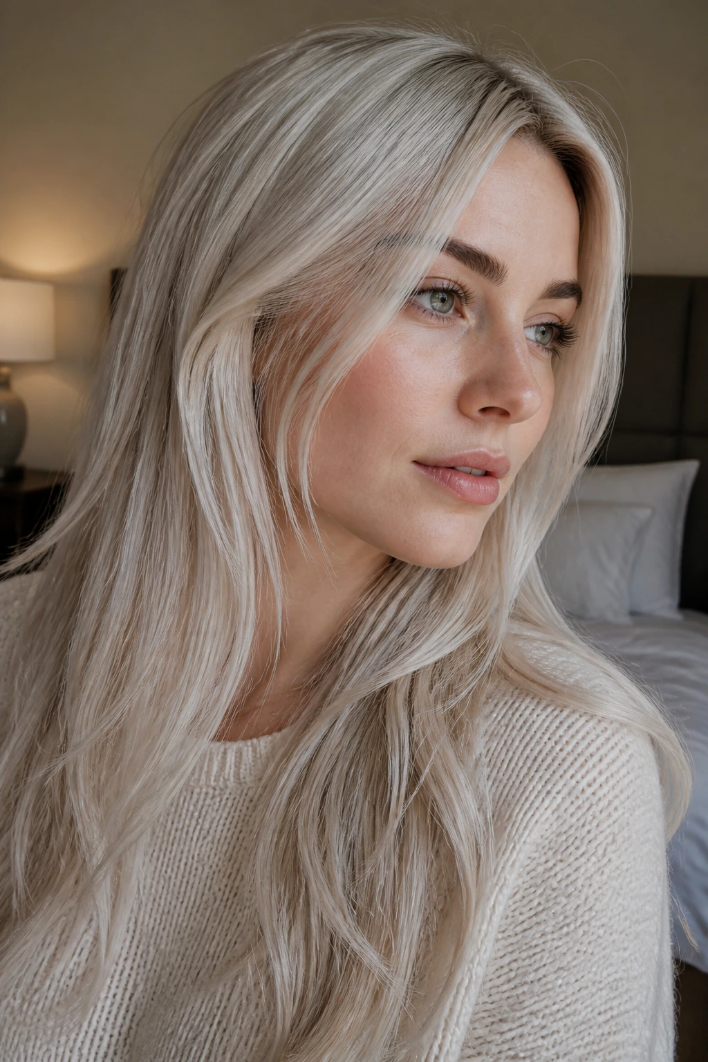Close-up of a real woman with platinum hair and delicate lowlights, subtle depth around face