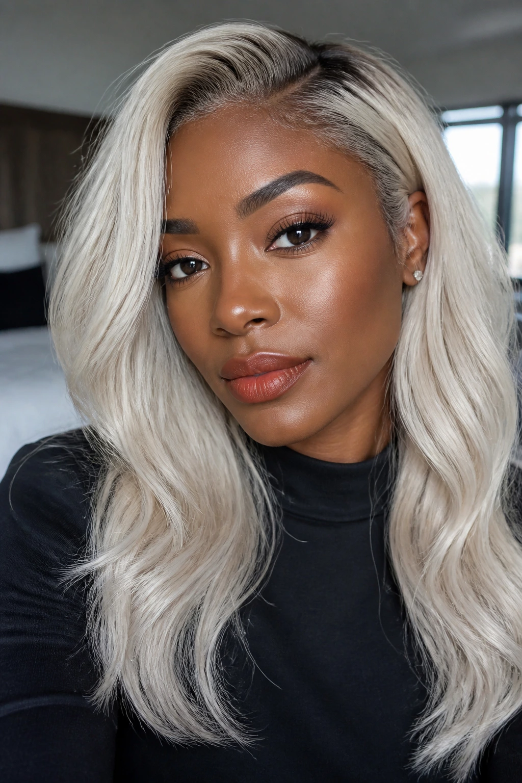 Close-up of platinum hair with depth at roots on a deep complexion, bold brows