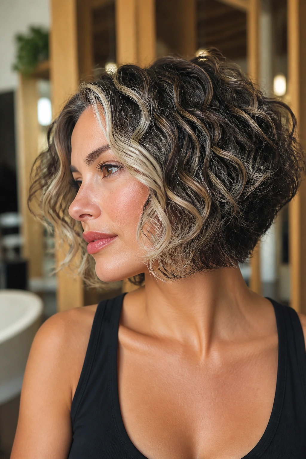 Close-up of a real woman with platinum-edge curly bob and babylights