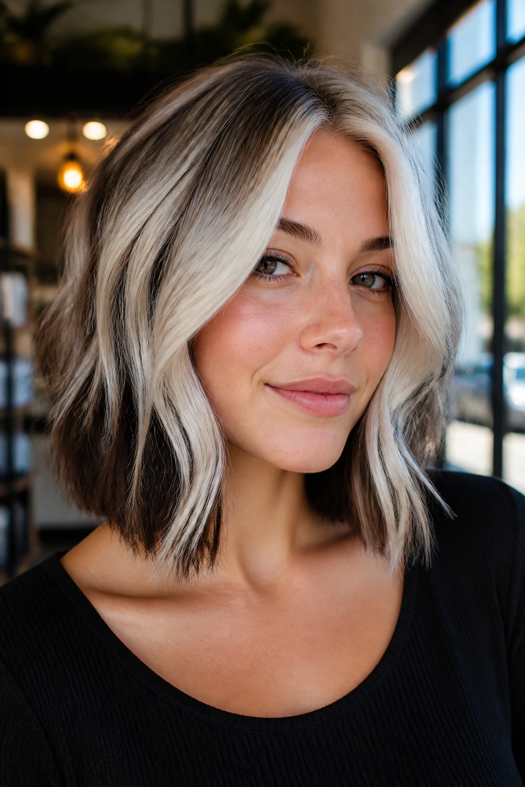 Real woman with platinum-edge lob and dark underlayer in a chic salon