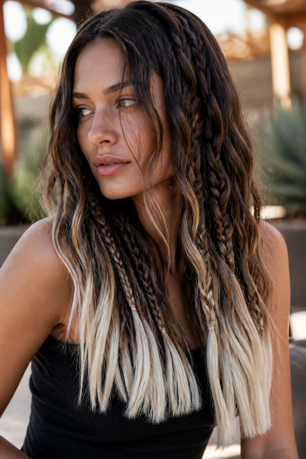 Close-up of brunette hair with platinum-dipped ends on braids and waves in natural light